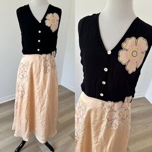 Anthropologie Snak Black Blush Pink Florall Silk Midi Dress 8